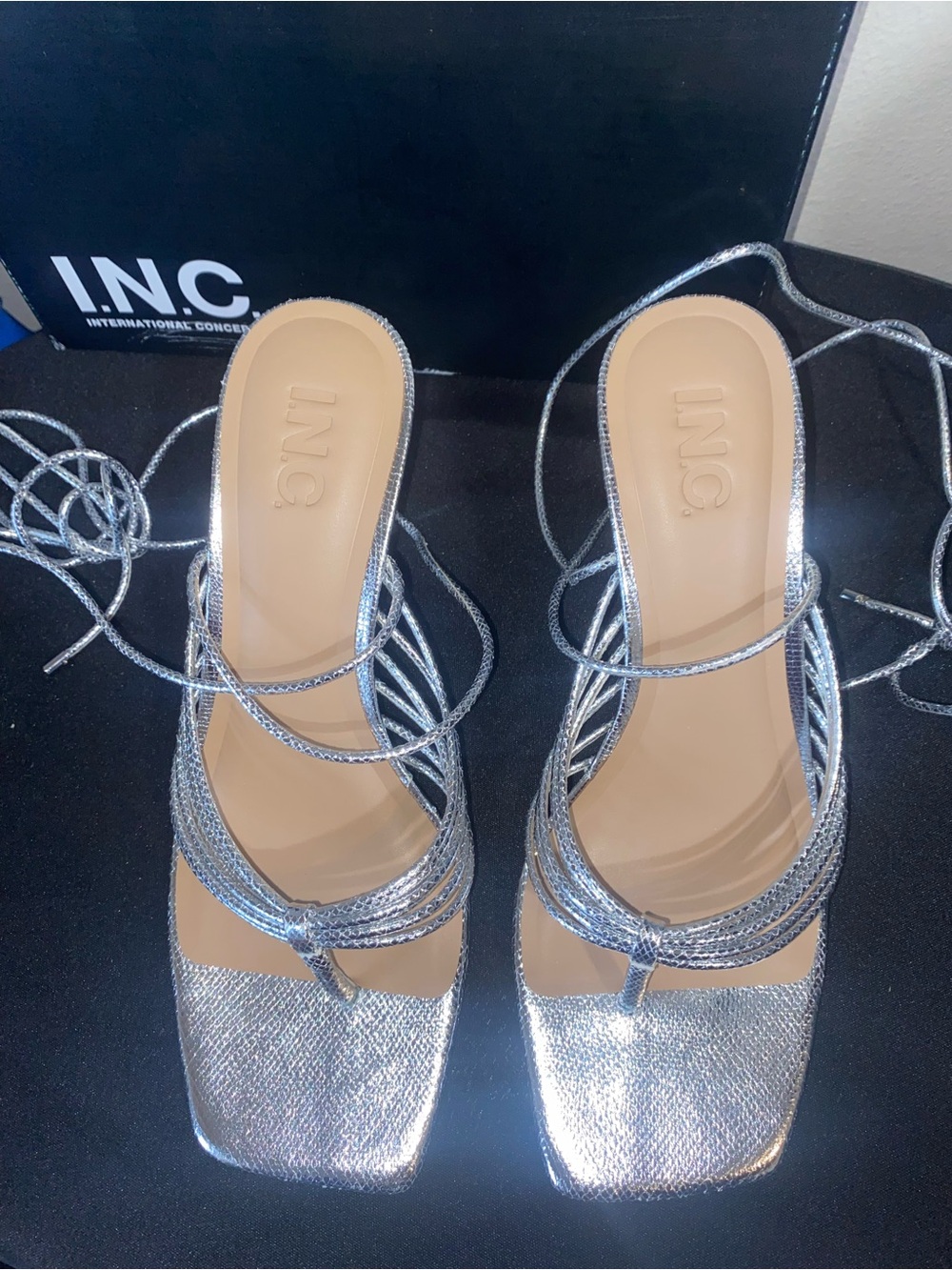 INC International Concepts Metallic Silver Lace-Up Square-Toe Heels